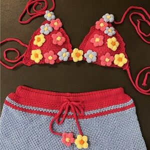 Floral Crochet Bikini Set - Red and Blue
